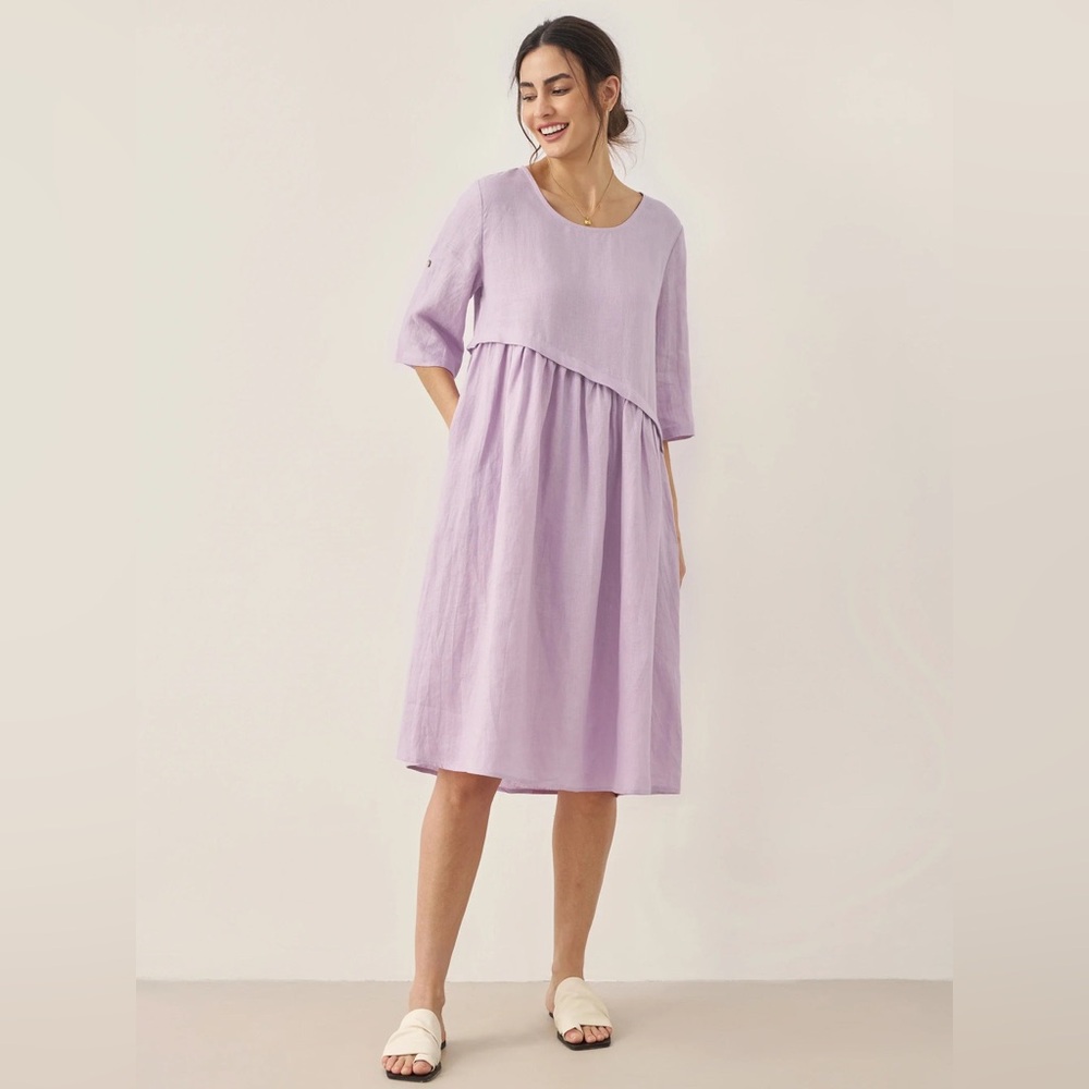 Lintico Linen Asymmetrical lavender‎ roll tab sleeve Midi Dress sz XXL relaxed